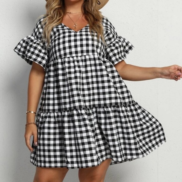Boho plus size gingham flounce sleeve dress - Picture 11 of 12
